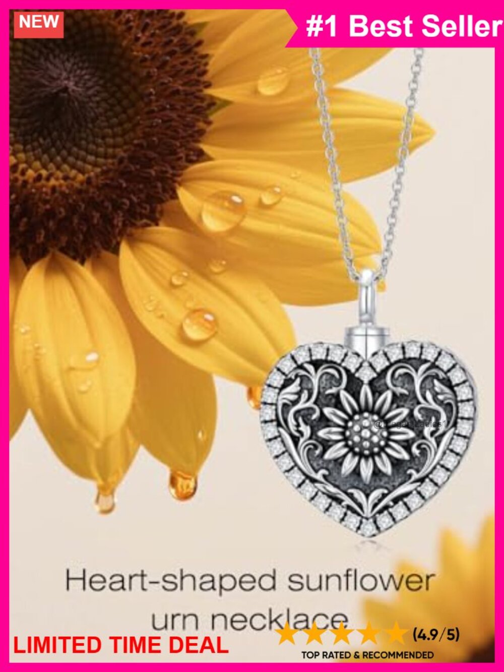 925 Sterling Silver Heart Urn Necklace Sunflower Cremation Jewelry - Picture 3 of 5